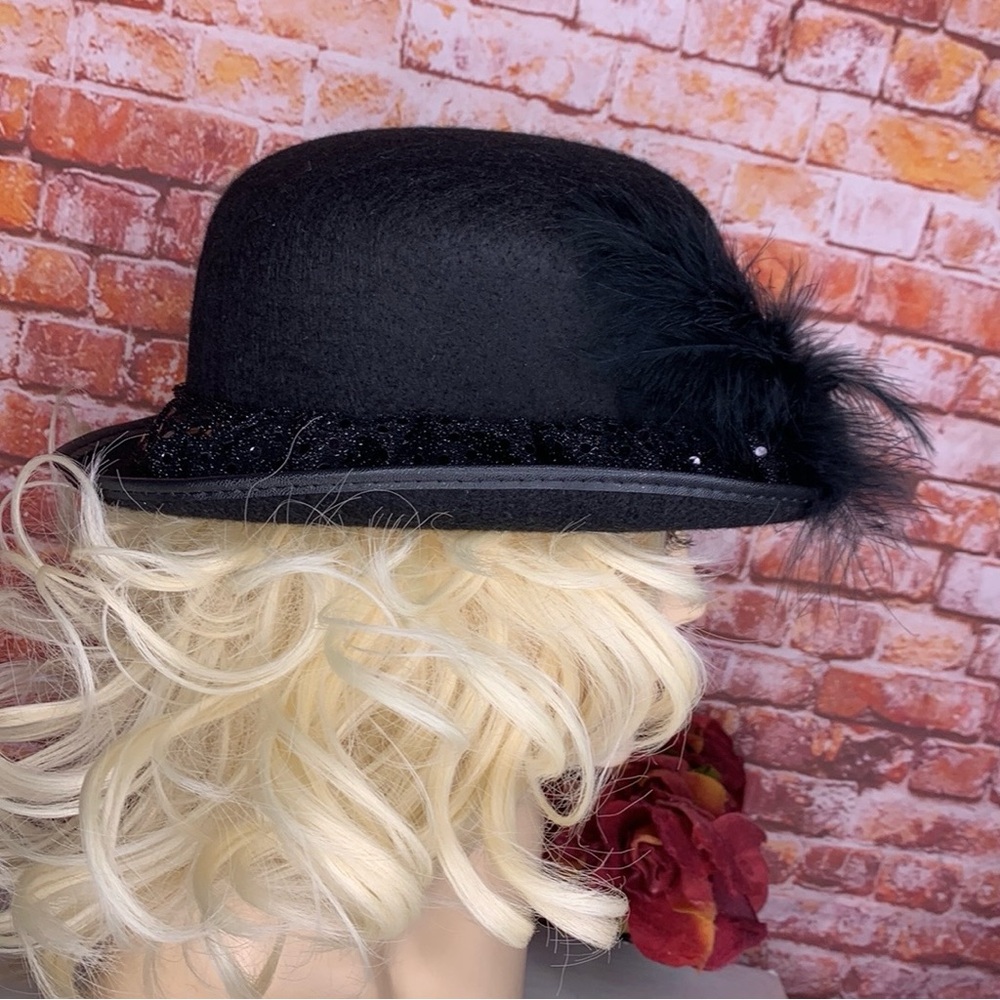 Black Felt Feather and Rhinestone Glam Costume Bowler Hat - Picture 7 of 10